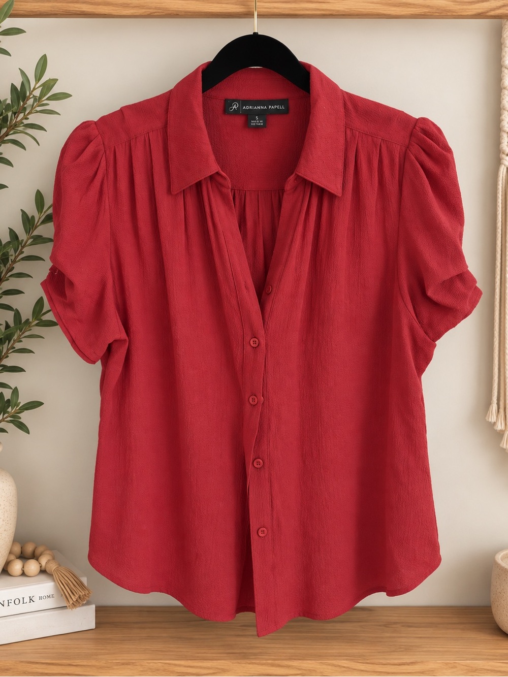 Adrianna Papell Crimson Short-Sleeve Button Front Blouse